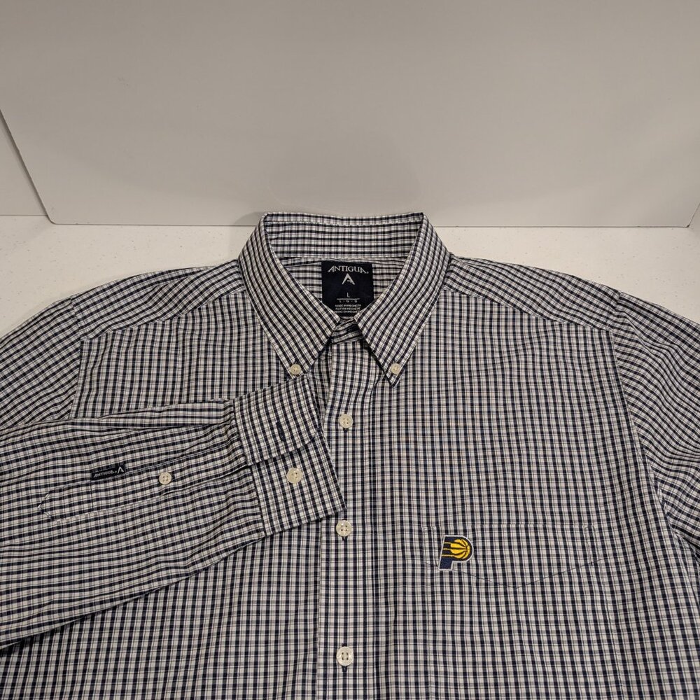 Antigua Indiana Pacers Shirt Mens Large L Blue Plaid Button Down NBA Basketball